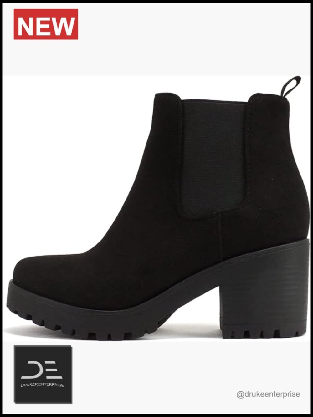 Imitation Suede & Man Made Leather Ankle Boot with Lug Sole and Chunky Heel